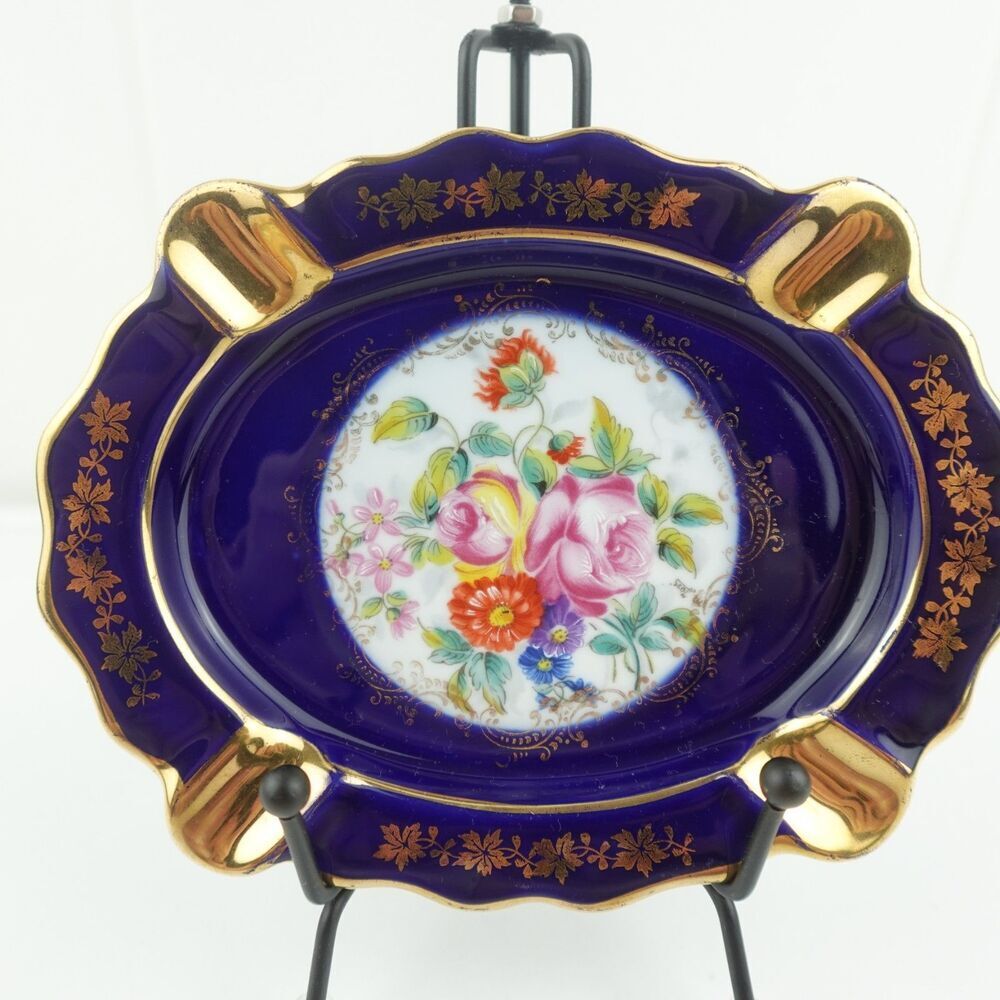 Limoges Imperial Castel Porcelain Cobalt Blue Floral Ashtray France